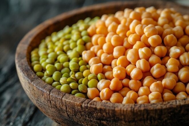 Lentilles et pois chiches dans bol en bois rustique