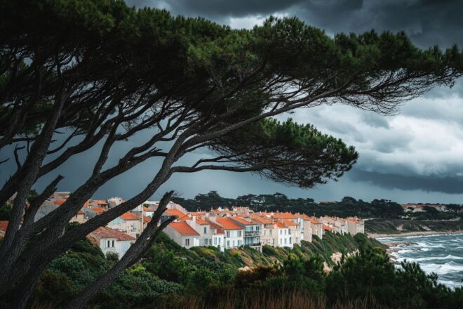 Nuages sombres au dessus d une ville côtière