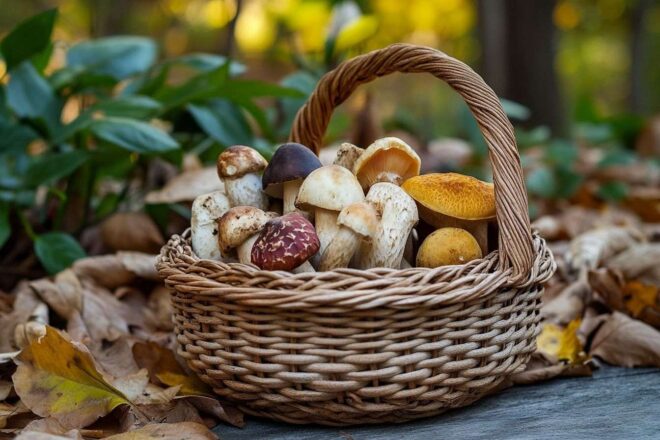 Panier de champignons comestibles aux couleurs vives