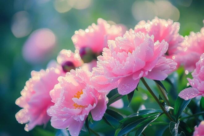 Pivoines éclatantes dans un jardin luxuriant