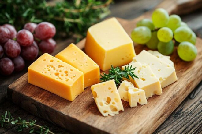 Plateau à fromage en bois avec gruyère, gouda et cheddar