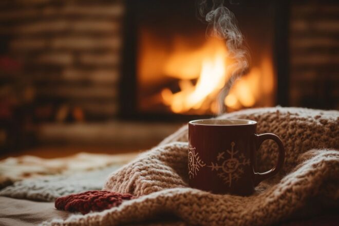 Scène cheminée confortable avec chocolat chaud et couvertures