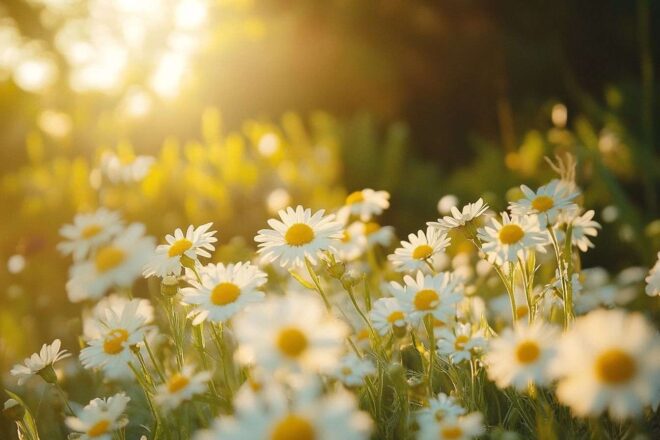 Soleil tamisé à travers des plants de camomille