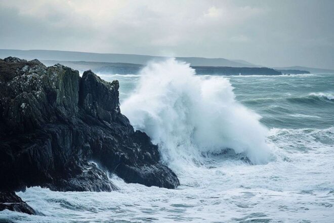 Vagues déferlantes sur les falaises rocheuses