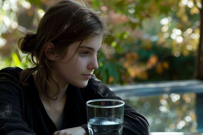 Verre d eau et jeune adulte en extérieur