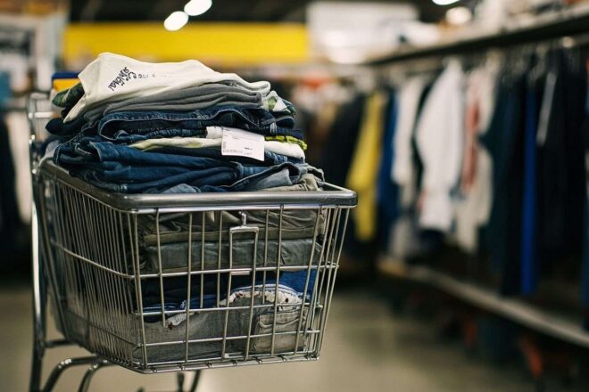 Vêtements tendance empilés dans un chariot d achat