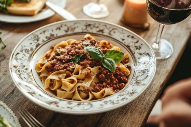 Vue aérienne de pâtes al ragu