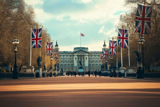 Vue lointaine du palais de Buckingham avec drapeaux flottants
