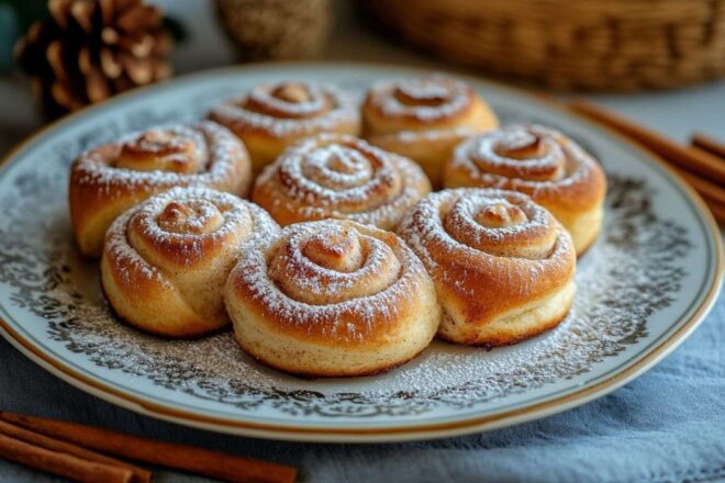 Assiette de roulés à la cannelle avec sucre glace