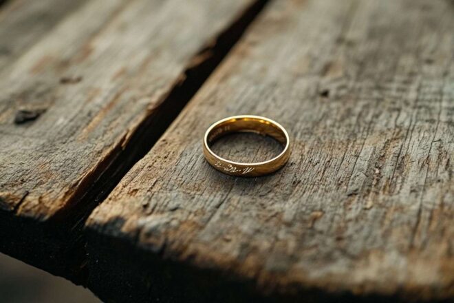 Bague en or avec initiales gravées sur surface en bois rustique