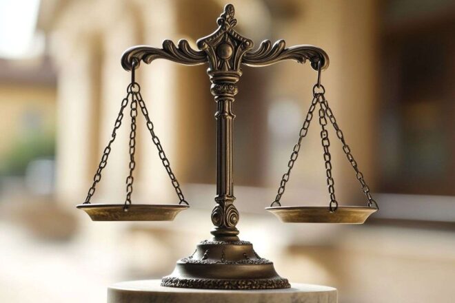 Balance de la justice sur fond de palais historique