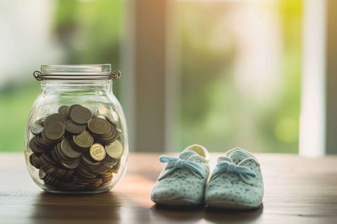 Bocal décoratif rempli de pièces à côté de chaussures pour bébé