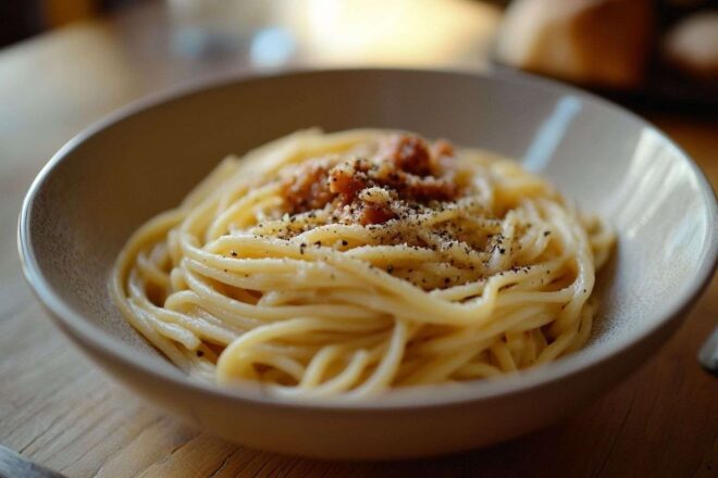 Bol de spaghetti carbonara al dente