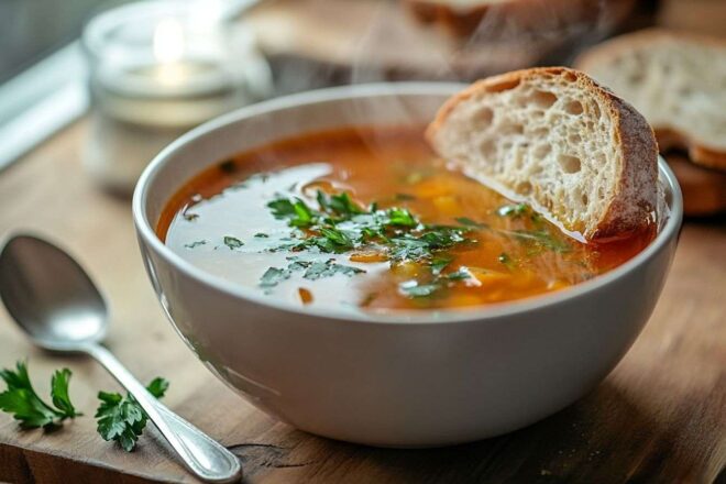 Bol fumant de bouillon de légumes maison