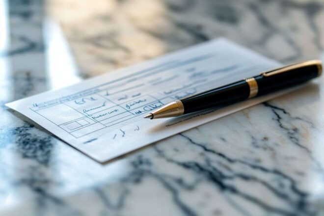 Chèque bancaire partiellement rempli avec stylo