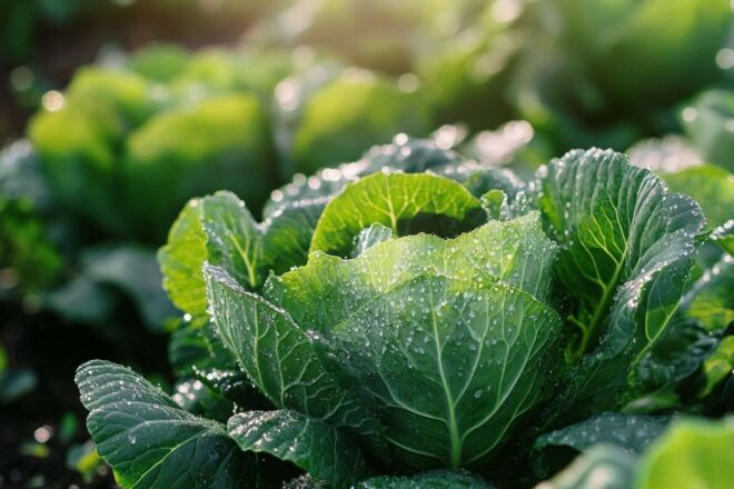 Choux verts luxuriants au soleil