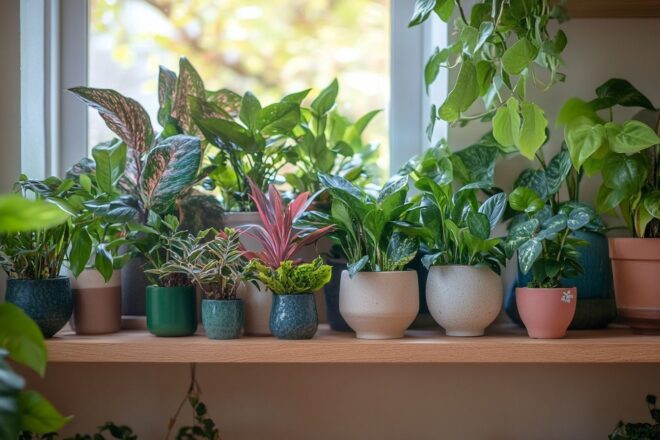 Collection de plantes tropicales d intérieur sur une étagère en bois