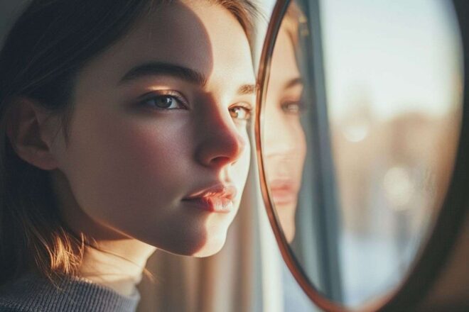 Confiance en soi devant le miroir