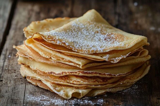 Crêpes dorées sur table en bois rustique