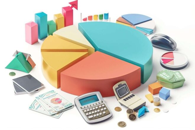 Diagramme financier ménager avec camembert budgétaire