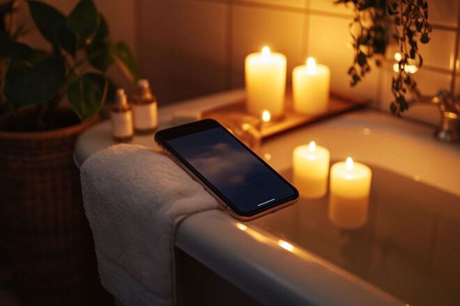 Élégante installation de salle de bain avec téléphone