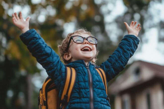 Enfant avec de grandes lunettes lançant son sac à dos
