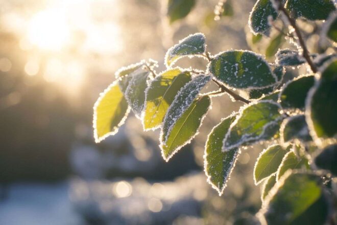 Feuilles glacées au soleil du matin
