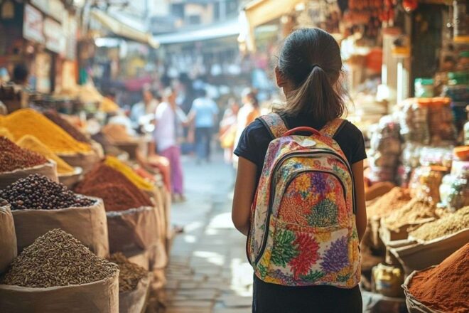 Fille indienne avec sac à dos coloré dans un marché vibrant