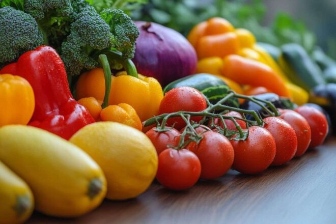 Fruits et légumes colorés sur une table en bois