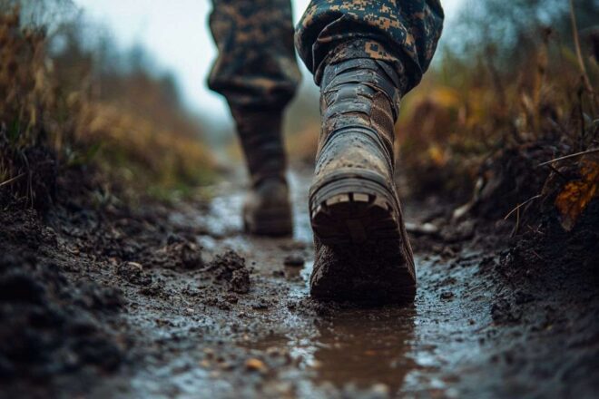 Gros plan sur des bottes marchant sur un chemin terreux