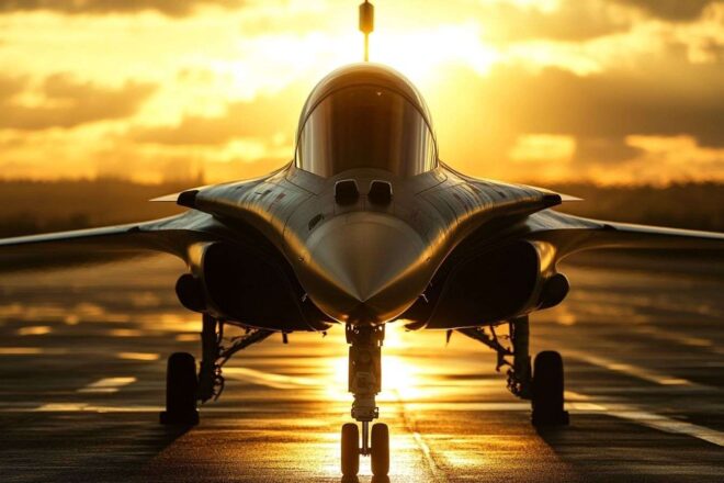 Gros plan du nez Élégant d un avion rafale réfléchissant la lumière