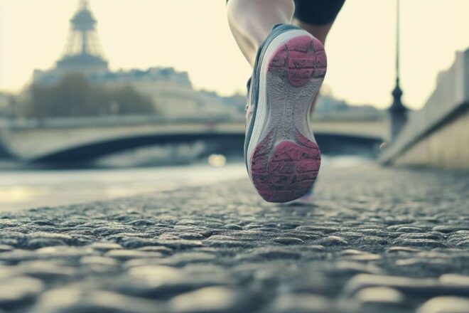 Gros plan de chaussures de course sur le béton à paris