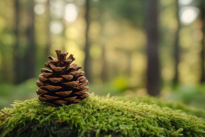 Gros plan de cône de pin sur mousse douce en forêt