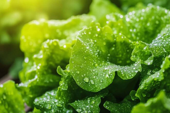 Gros plan de laitue du jardin avec gouttes de rosée