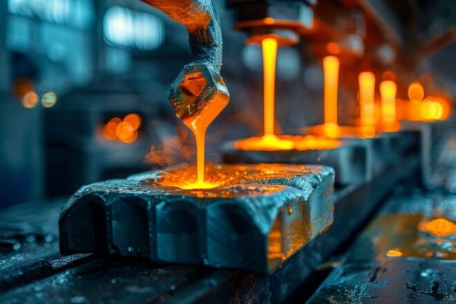 Gros plan de métal en fusion versé dans un moule en acier