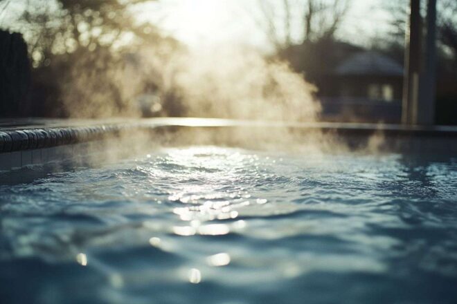 Gros plan de vapeur s élevant d une piscine thermale chaude