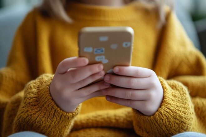 Gros plan des mains d enfant tenant un smartphone