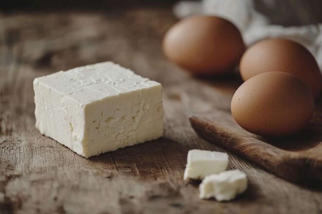 Gros plan d un bloc de fromage feta avec des œufs crus sur une table en bois rustique