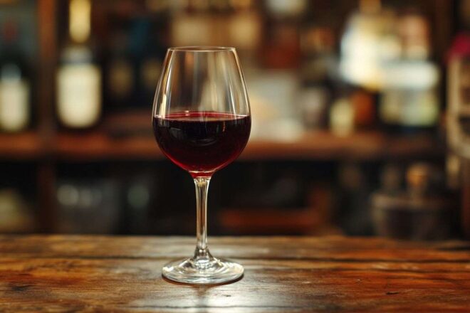 Gros plan d un verre à vin rempli de liquide rouge profond sur un comptoir en bois rustique