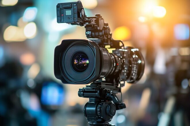 Gros plan d une caméra de télévision professionnelle dans un studio lumineux