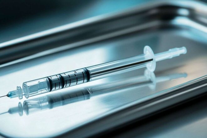 Gros plan d'une seringue sur un plateau médical