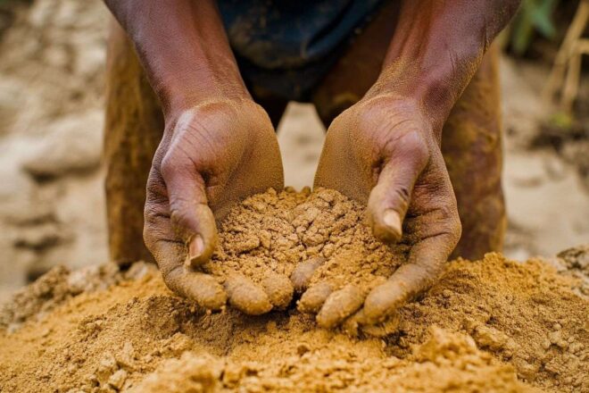 Mains d un mineur tamisant du sable doré en guyane