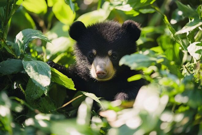 Ours noir japonais joueur dans son habitat naturel