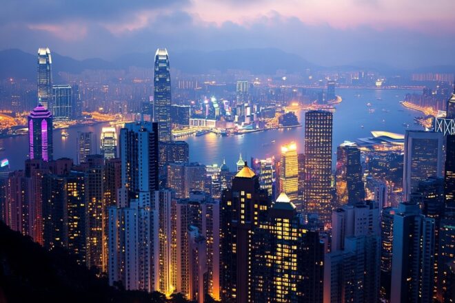 Paysage urbain scintillant de hong kong au crépuscule