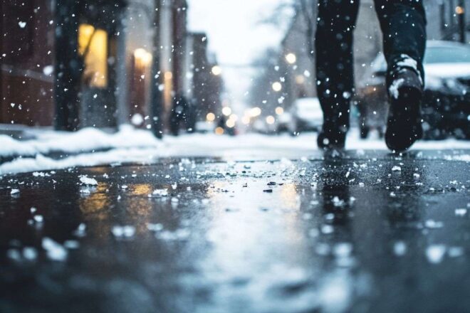 Rue paisible sous la pluie et la neige