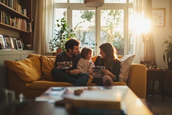Salon familial confortable avec photos