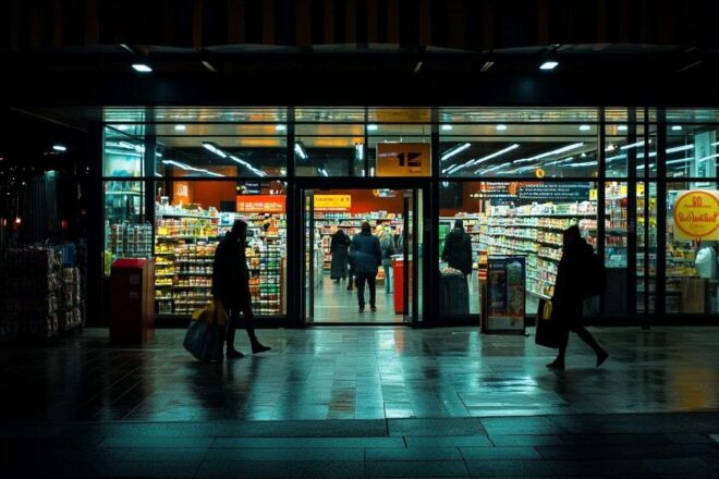 Scène nocturne supermarché animée