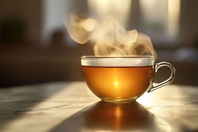 Tasse de thé fumante en gros plan