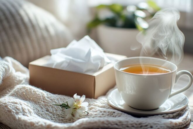 Tasse de thé herbal fumante et boîte de mouchoirs