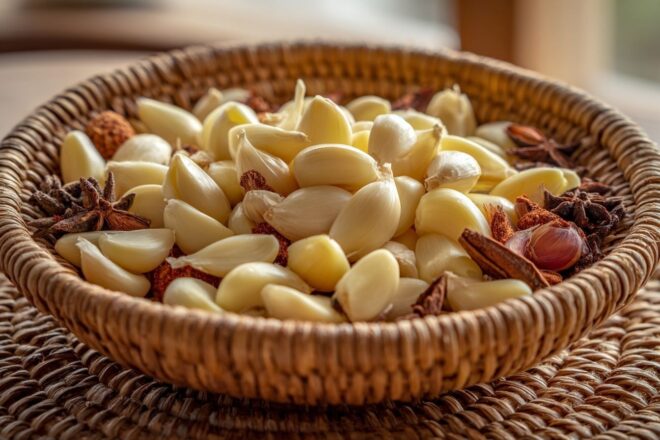Ail épluché dans un panier en osier